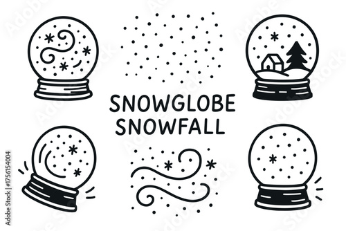 Black outline icons of four snow globes with swirling snowflakes and a central snowflake pattern. festive and winter-themed illustration.
