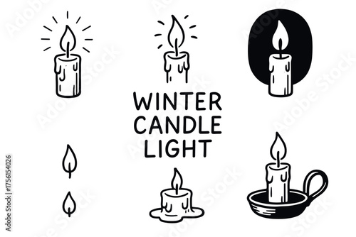 Black and white illustrations of lit candles with dripping wax, accompanied by the text "winter candle light" and additional candle elements.