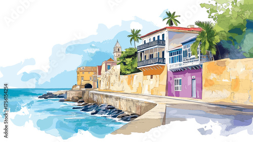 Old San Juan. Old San Juan hand drawn watercolor illustration
