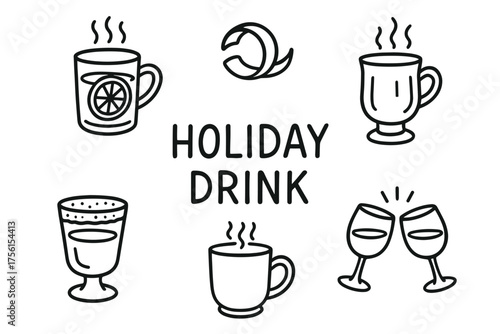 Black outline icons of various holiday drinks including cups and glasses with steam and a festive lemon slice.