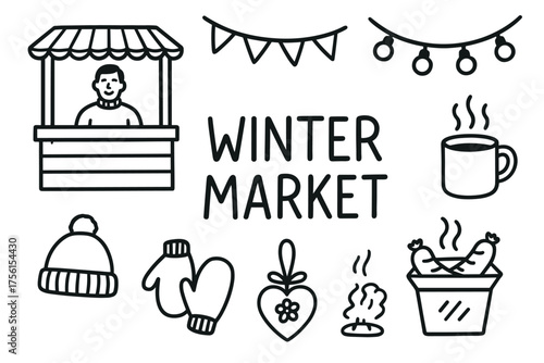 Black outline vector icons depicting a winter market scene with a vendor, decorations, and seasonal items like mittens and hats.