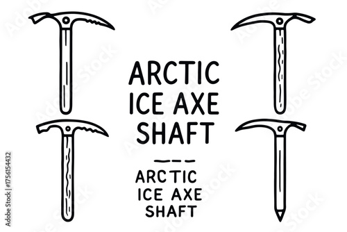 Black outline icon of various ice axes with pointed and curved pick heads and textured shafts for climbing and mountaineering.