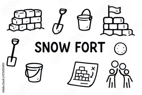 Black outline icons of snow fort construction items including bricks, shovel, bucket, flag, snowball, plan, and people.