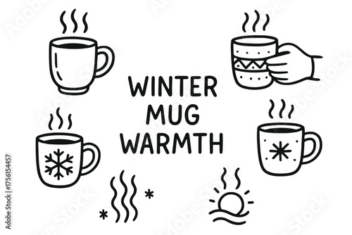 Black outline vector illustration of steaming mugs with winter motifs and the text "winter mug warmth.