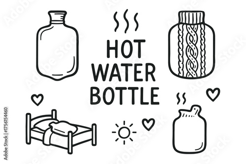Black outline vector icons of hot water bottles, steaming effects, a knit cover, a bed, hearts, and a sun, representing warmth and comfort.