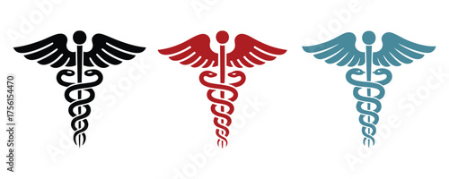 Caduceus Symbols in Black, Red, and Blue. vector.