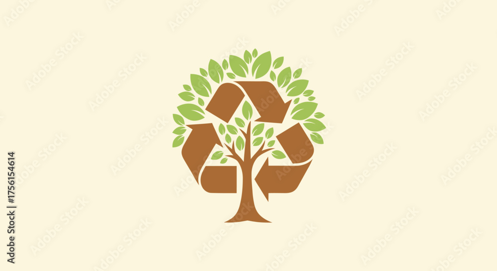 Obraz premium A recycling symbol incorporated into a stylized tree with green leaves, on a light tan background