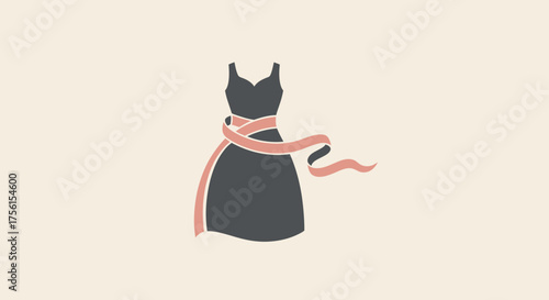 A simple vector graphic shows a black dress with a pink ribbon belt on a beige background