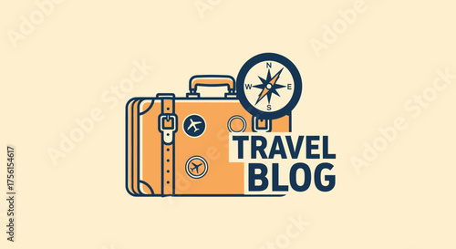 An illustrated travel blog design featuring a suitcase, compass, and text