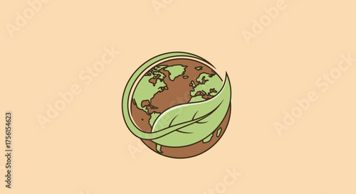 A stylized Earth with continents in a leaf. Light-colored background. Environmental theme