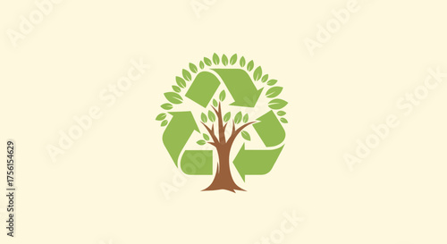 A tree within a recycling symbol, leaves forming the outer crown, on a neutral background