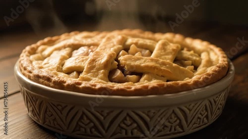 Close up of a fresh baked pie with golden crust in a decorative dish