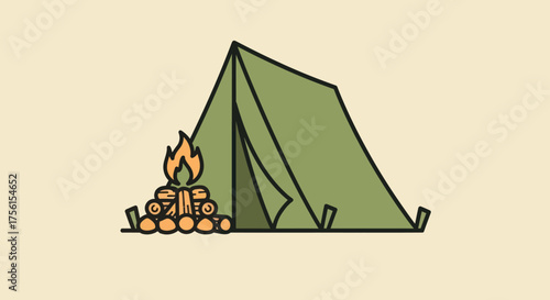 Illustration of a green camping tent and a small bonfire against a beige background