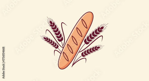 A loaf of bread with stylized grain stalks on a beige background, simple illustration
