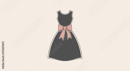 A sleeveless, dark dress with a pink bow centered at the waist, on a pale beige background