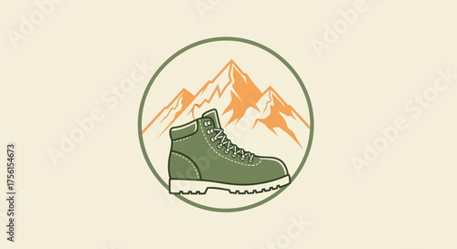 A green hiking boot with mountains in the background, framed by a green circle