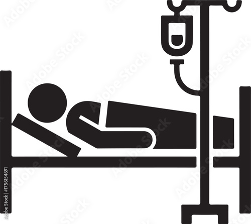Patient resting in hospital bed, receiving IV drip, medical icon, healthcare concept