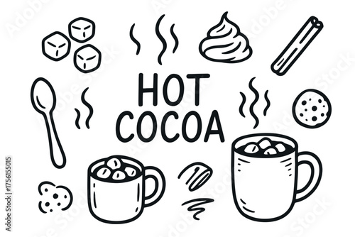 Hand-drawn elements of hot cocoa with steaming mugs, marshmallows, whipped cream, and cookies in a simple black outline style.