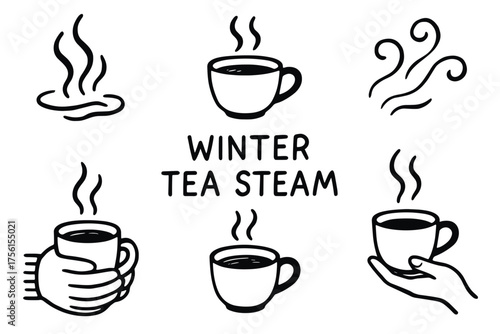 Black outline icons of steaming cups of tea, with whimsical steam lines and a central text reading "winter tea steam.