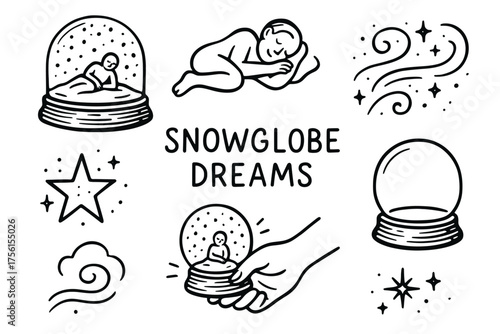 Black and white illustration of a person sleeping inside a snow globe, surrounded by stars, swirls, and a hand holding another snow globe.