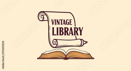 Vintage Library logo features an open book below a scroll with text, simple line art