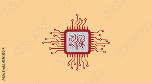 A microprocessor chip illustration with circuits radiating from a central core on a yellow background