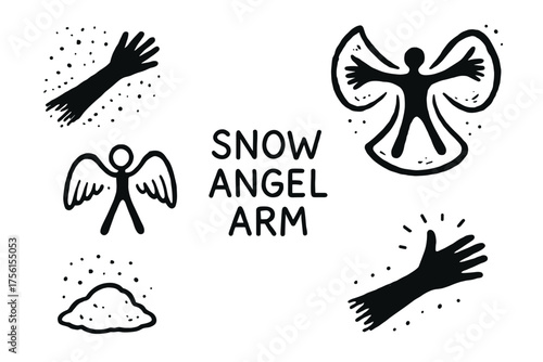 Illustrated black and white doodle icons of snow angels, including arm movements and snow patterns, arranged around text reading "snow angel arm.