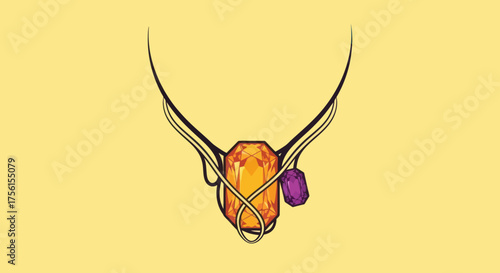 A stylized illustration of a necklace with an orange gem and a purple gem on a yellow background