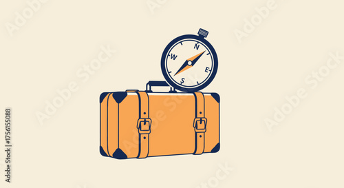An illustrated orange suitcase with a compass above against a cream background
