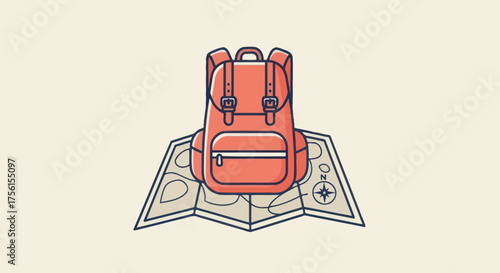 Vector illustration of a backpack resting atop a folded map. Lines and colors indicate travel
