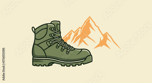 An illustration of a hiking boot next to an orange-hued mountain range, against a cream backdrop