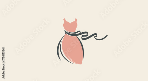 A simple, stylized illustration of a pink dress with a dark ribbon tied around the waist