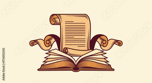 A stylized illustration of a book, scroll, and parchment in warm tones