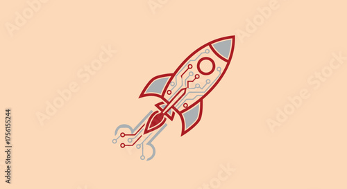 A stylized rocket with circuit board design on a peach background, showcasing technology and flight