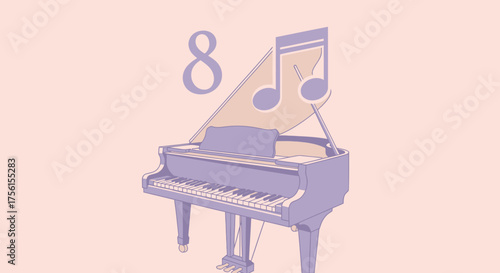 A pixelated grand piano illustration with a musical note and the number 8 on a pastel background