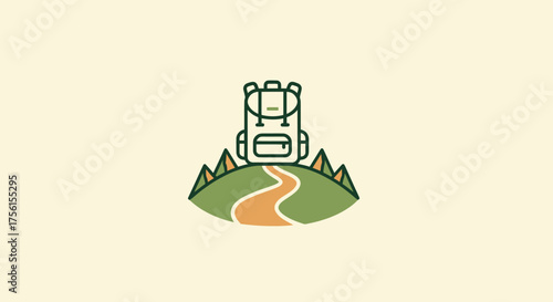 Stylized illustration of a backpack on a green hill with a path, simple trees, and a light backdrop