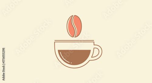 Minimalist coffee illustration featuring a bean rising above a filled cup. Flat design, earth tones