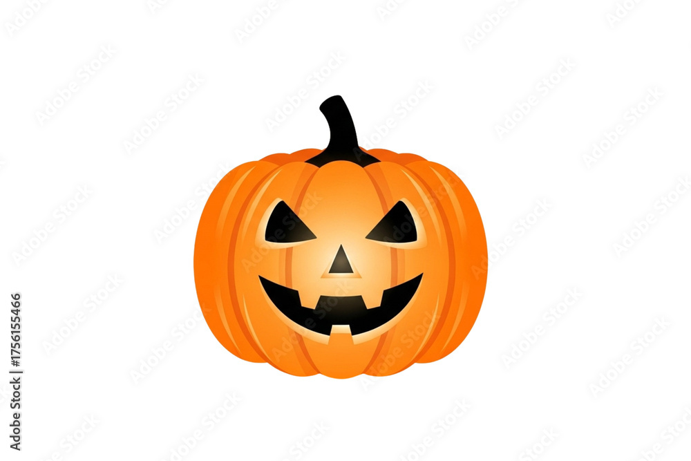 Fototapeta premium Minimal vector icon of a glowing Halloween pumpkin (jack-o’-lantern) with carved smile, clean lines, flat design, orange and black color palette..