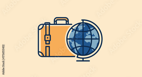 An orange suitcase beside a blue and white globe, on a cream background