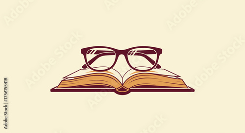 A flat vector illustration displays an open book with eyeglasses resting upon the pages