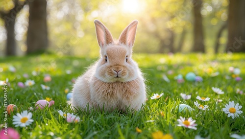 A rabbit resting on lush gr...