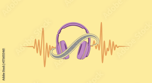 A purple headset entwined with an infinity symbol, amidst a sound wave on a yellow background