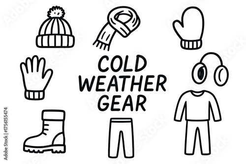 Black outline icons of cold weather gear including a beanie, scarf, mittens, earmuffs, glove, boot, pants, and sweater.