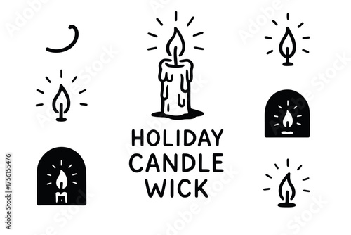 Black outline icons of holiday candles with wicks, arranged around the central text reading "holiday candle wick.