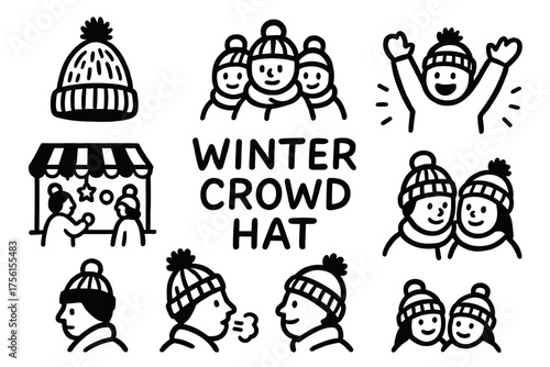Black outline drawings of winter-themed illustrations featuring people in hats, a beanie, a street stall, and cheerful interactions during a cold season.