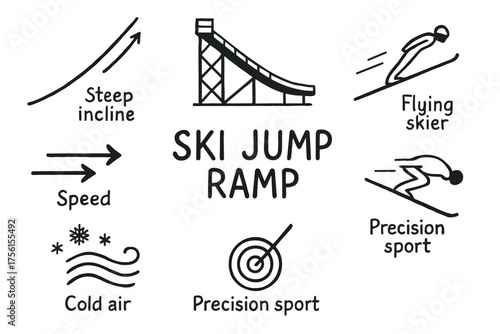 Black outline icons depicting a ski jump ramp, flying skier, cold air, and more, representing the thrilling elements of ski jumping.