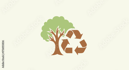 Graphic with a tree beside a recycle symbol. Colors are earth tones on a cream background