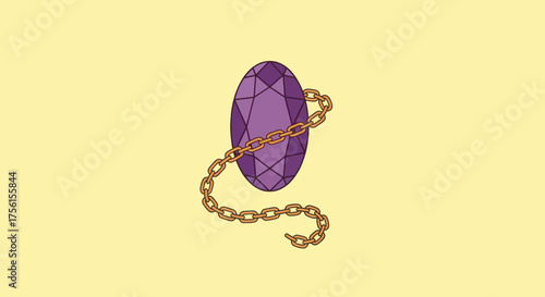 An oval, faceted purple gem is encircled by a golden chain on a yellow background