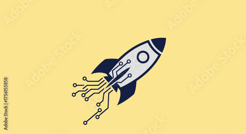 A stylized rocket with circuit board components, ascending on a light yellow background