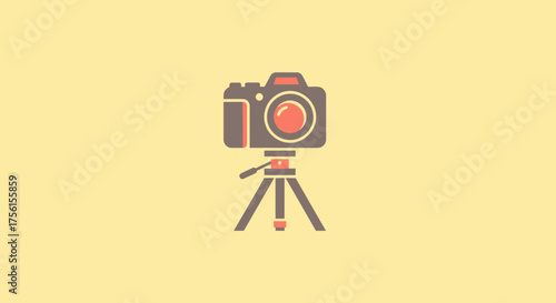 A stylized camera on a tripod, rendered in muted colors, set against a light yellow background